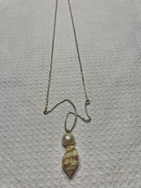 Delicate custom made sterling Silver Shell & Pearl Pendant Necklace long